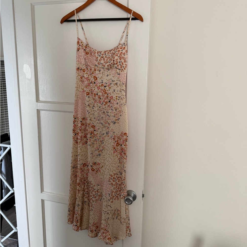mahina Cream and Pink Floral Slip Midi Dress